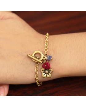 Taital : Romantic colorful chips stone with brass flower charm gold plated chain bracelate